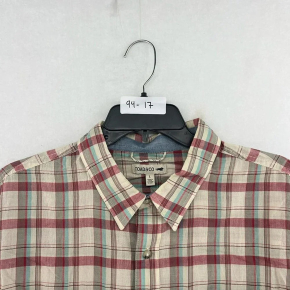 Toad & Co Button-Up Shirt Men's Sz L Red Beige Plaid Collared Chest Pocket - Picture 12 of 12